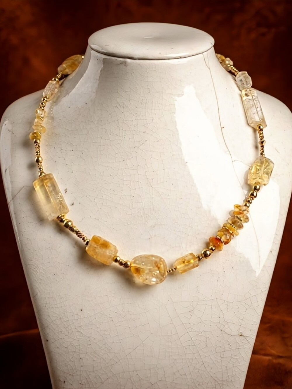 Chunky Citrine In Large Stones & Beads For Earthy Look In Gold Plated Necklace